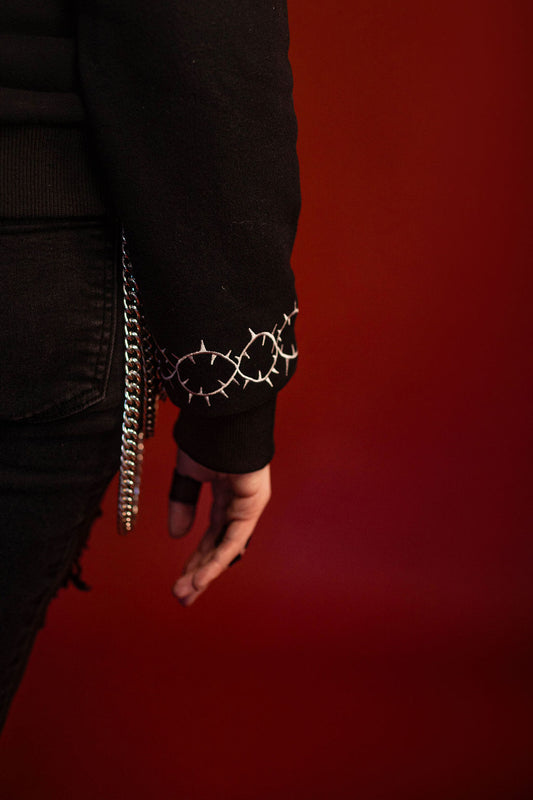 Double layer stainless steel silver pocket chain with lobster clasps, an 8 inch extender chain, and custom laser-cut HFA sacred heart charm.