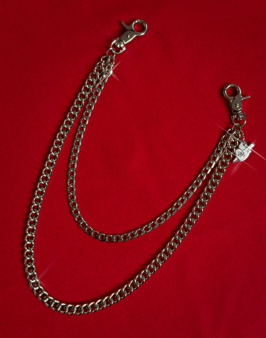 Double layer stainless steel silver pocket chain with lobster clasps, an 8 inch extender chain, and custom laser-cut HFA sacred heart charm.