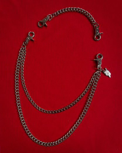 Double layer stainless steel silver pocket chain with lobster clasps, an 8 inch extender chain, and custom laser-cut HFA sacred heart charm.